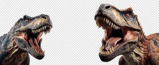 PSD close-up-porträt eines t-rex-dinosauriers mit brüllendem ausdruck, isoliert auf einem transparenten hintergrund