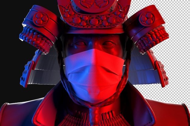 Close-up retrato de samurai con máscara protectora médica
