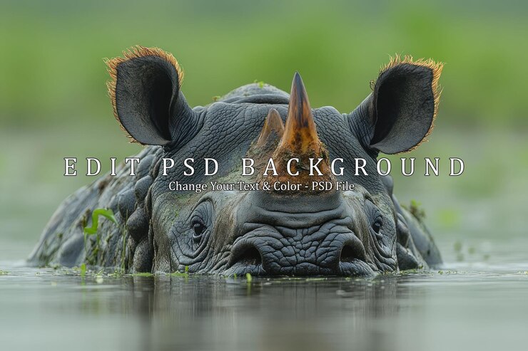 PSD close-up de un rinoceronte sumergido en el agua su cuerno visible