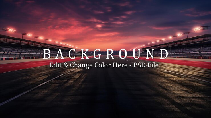 PSD close up shot of the view of the asphalt international race track in the evening