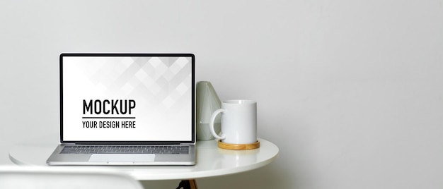 Close up view of portable workspace with laptop mockup
