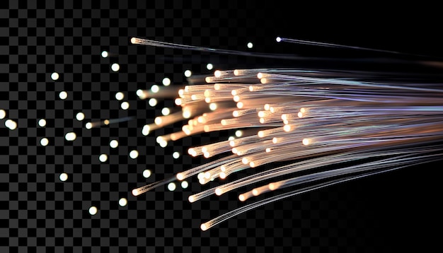 CloseUp de un cable de fibra óptica con luces brillantes en un fondo transparente