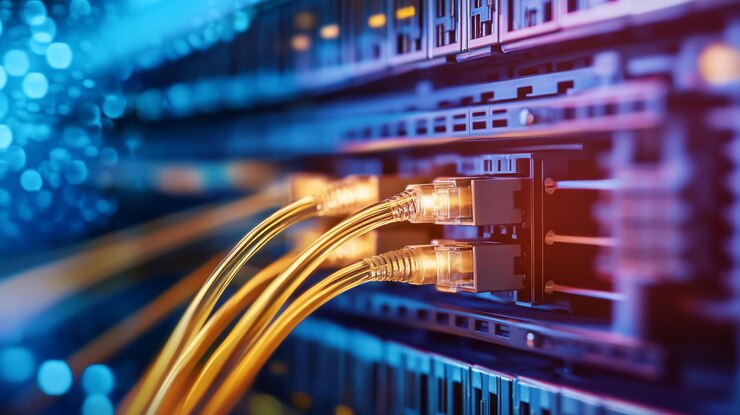 PSD closeup de los cables de red conectados al servidor en el centro de datos