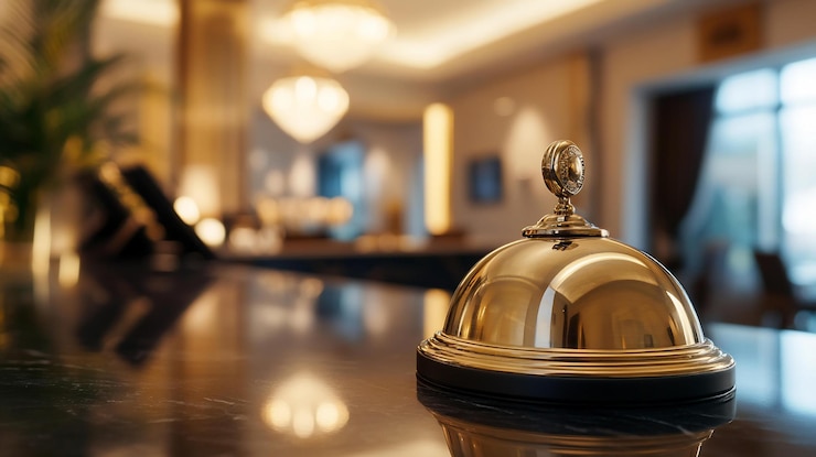 PSD closeup de una campana de servicio de oro en un escritorio de recepción de mármol pulido en el vestíbulo de un hotel de lujo