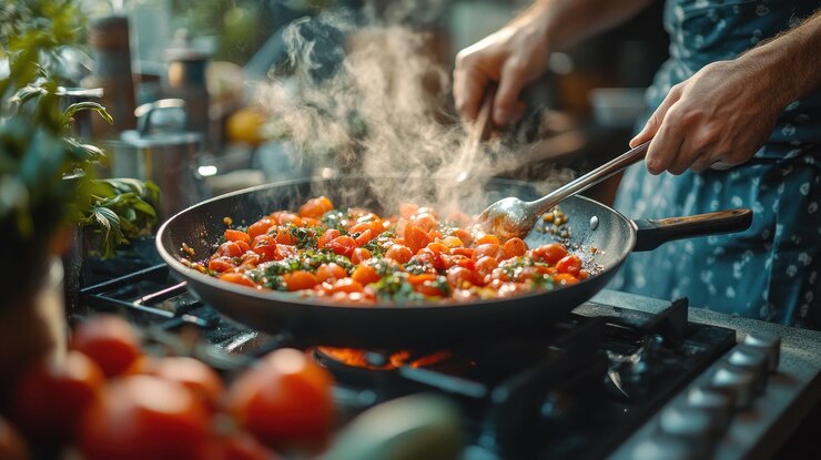 PSD closeup de un chef con las manos agitando tomates y hierbas en una sartén en una estufa