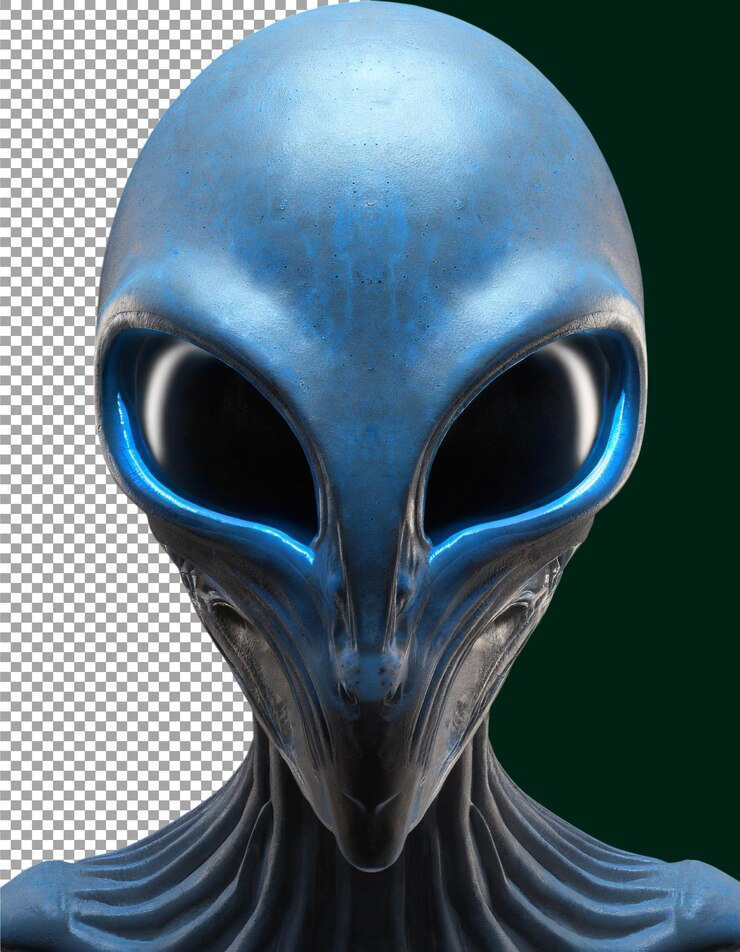 PSD closeup de um alienígena de ficção científica com pele metálica azul em fundo transparente png psd
