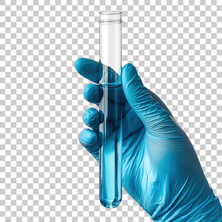 PSD closeup di un operaio di laboratorio che tiene in mano un tubo di prova con liquido chimico blu
