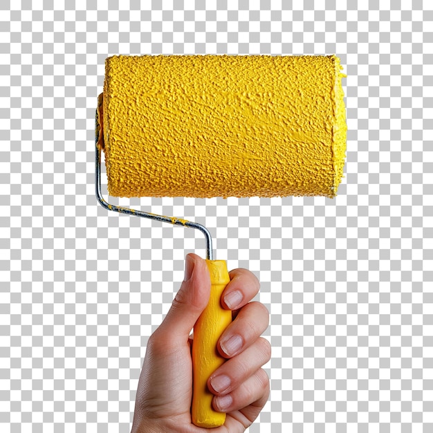 CloseUp di una mano che afferra un rullo di vernice giallo isolato su uno sfondo trasparente