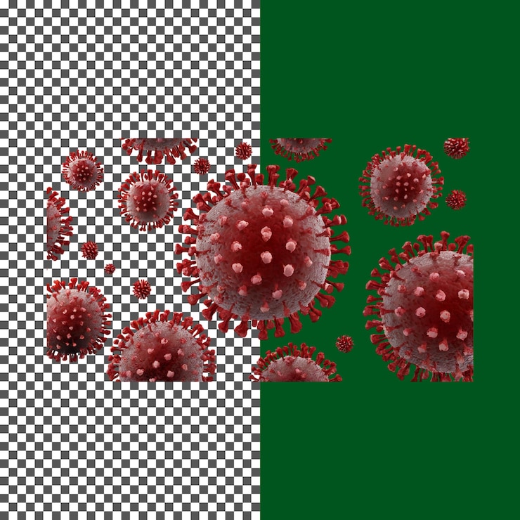 PSD closeup do vírus covid-19 com proteínas red spike em fundo transparente png psd