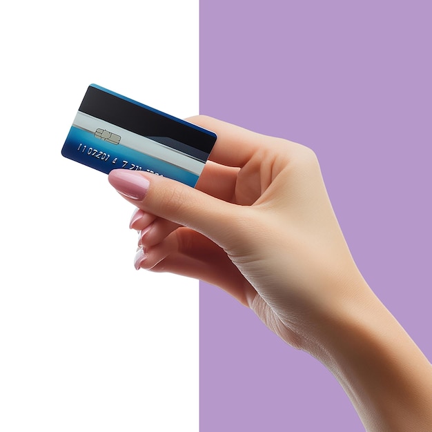 Closeup de una mano de mujer sosteniendo una tarjeta de crédito azul aislada en un fondo blanco fondo transparente png