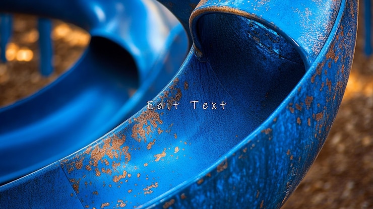 PSD closeup of a blue spiral playground slide showing wear and rust
