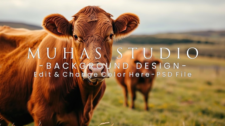 PSD closeup of a brown cow grazing in a meadow