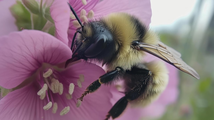 PSD closeup of a bumblebee pollinating a pink flower