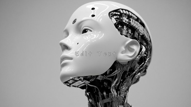 PSD closeup of a female android head revealing intricate internal mechanics