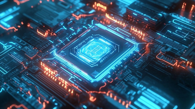 closeup of a glowing central processing unit cpu on a circuit board