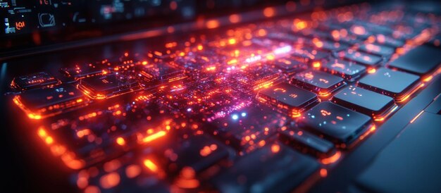 Closeup of a glowing keyboard with red and blue lights illuminating the keys