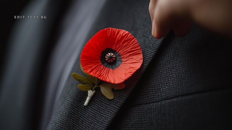 PSD closeup of a hand pinning a red poppy flower on a dark gray suit lapel