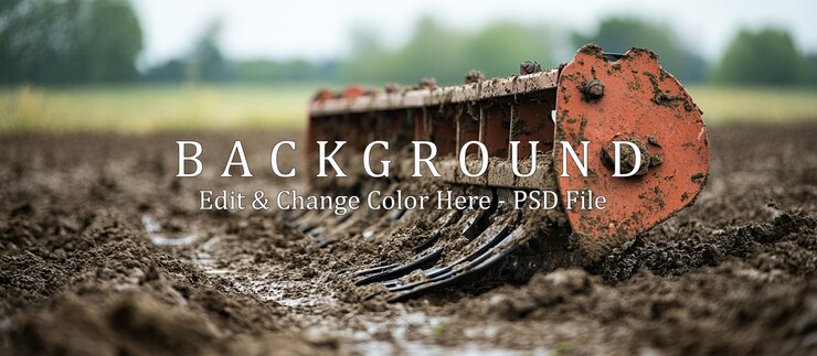 PSD closeup of a mudcovered cultivator in a field