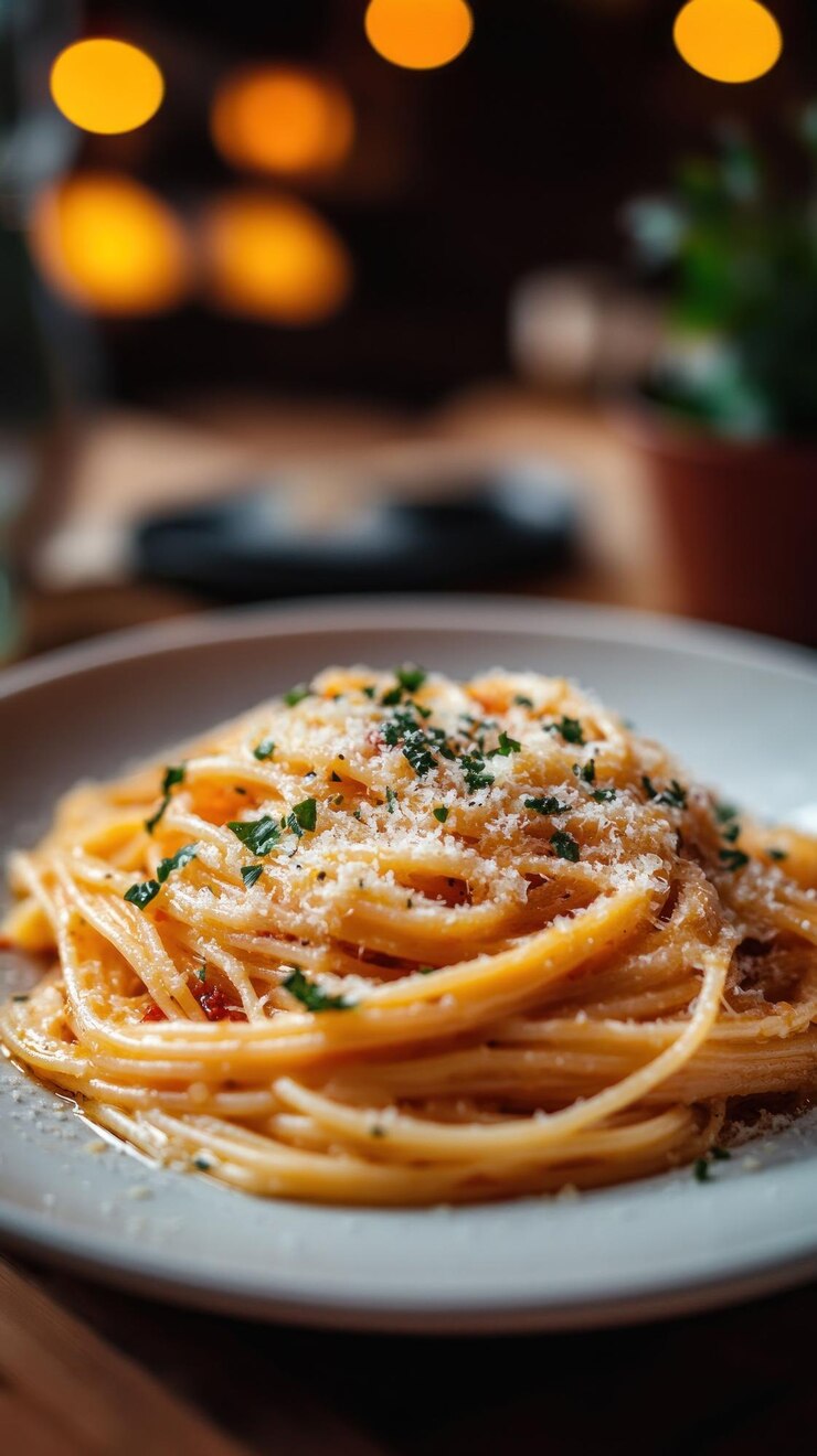 Closeup of a plate of spaghetti aglio e olio with parmesan cheese and parsley