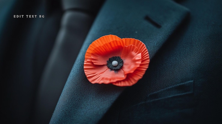 PSD closeup of a red poppy pinned to a dark suit lapel