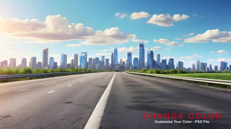 PSD closeup of a road bright sunny day distant view of a city skyline background photorealistic vibr