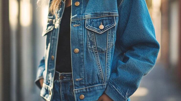 PSD closeup of a woman wearing a stylish light blue denim jacket