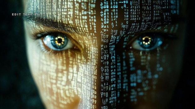 Closeup of a womans face overlaid with digital code symbolizing artificial intelligence and technology