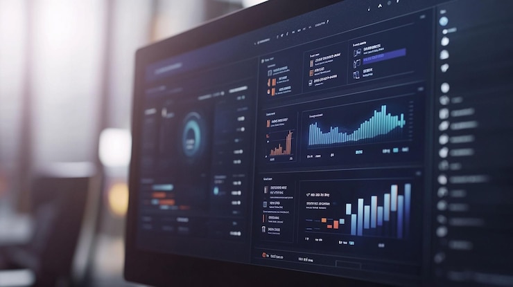 PSD closeup of computer screen displaying data analytics dashboards with charts and graphs