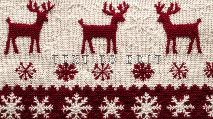 PSD closeup of cream knitted fabric with red reindeer and snowflake pattern