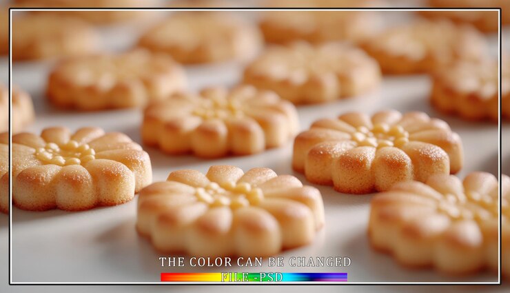 PSD closeup of freshly baked flowershaped cookies on a baking sheet