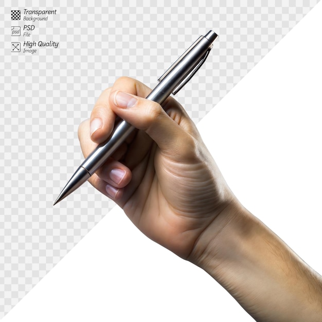 PSD closeup of a hand holding a silver pen on transparent background