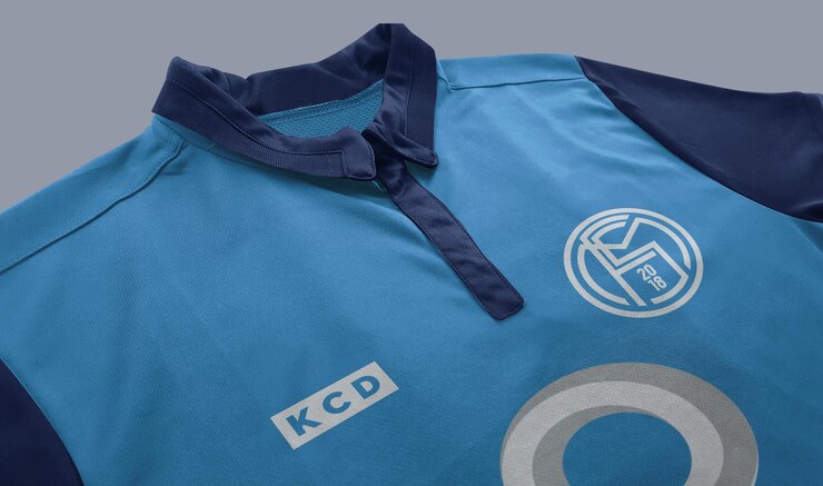 PSD closeup of a light blue and navy blue soccer jersey with logo and badge
