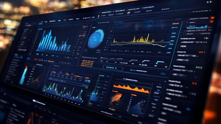 PSD closeup de una pantalla de portátil que muestra un tablero de datos complejo con varios gráficos y gráficos