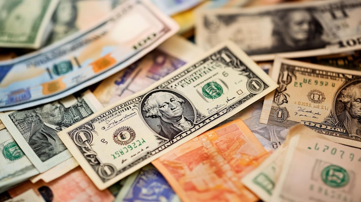 PSD closeup de varios billetes de diferentes países, incluido un prominente billete de un dólar