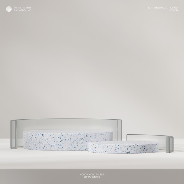 PSD clôture incurvée en verre rendu 3d fond transparent de podium en terrazzo bleu blanc en carré