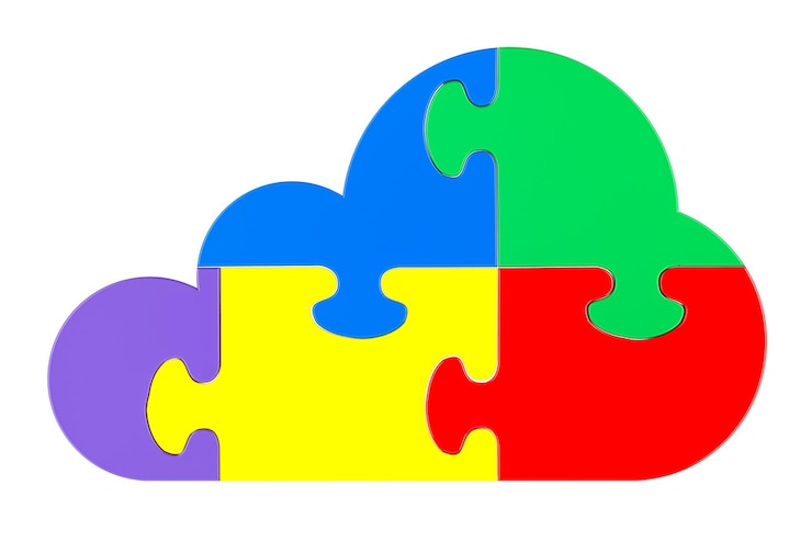 PSD cloud computing à partir de puzzles colorés rendu 3d isolé sur un fond transparent
