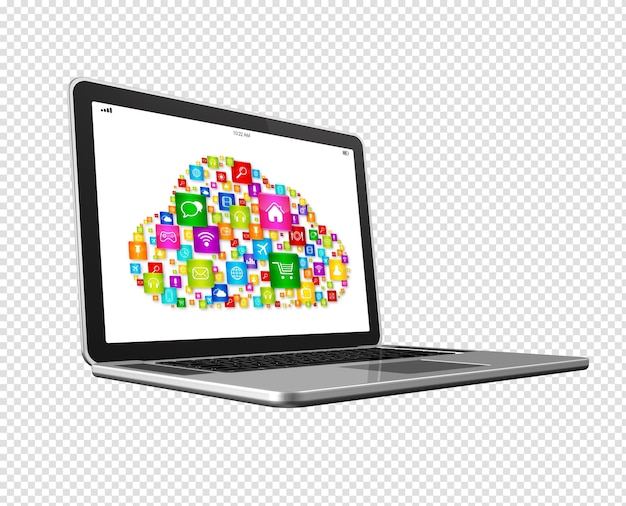 Cloud-Computing-Symbol auf einem Laptop Isoliert auf weiß mit Clipping-Pfad