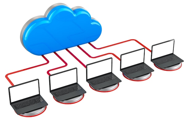 Cloud di computer con computer notebook concetto di connessione a Internet rendering 3D isolato su sfondo trasparente