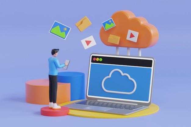 Cloud-speicher 3d-illustration backup-datenkonzept kopieren von dateien oder dateiübertragungsprozess