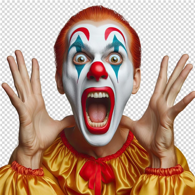 PSD un clown avec un nœud papillon rouge et une chemise jaune avec les mots clown dessus