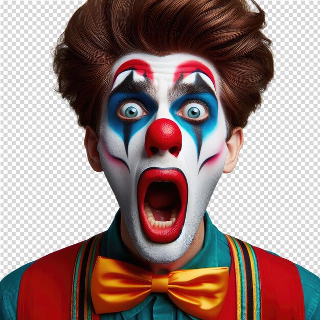 PSD a clown with a red and yellow striped face and a red tie