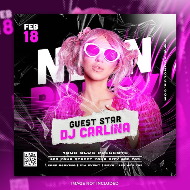 PSD club dj neon night party flyer plantilla de publicación en redes sociales