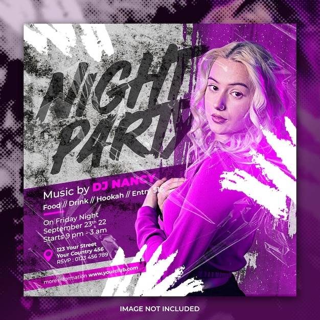 PSD club dj night party purple social media post y plantilla de volante