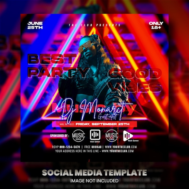 Club dj party flyer publication sur les réseaux sociaux et bannière web premium psd