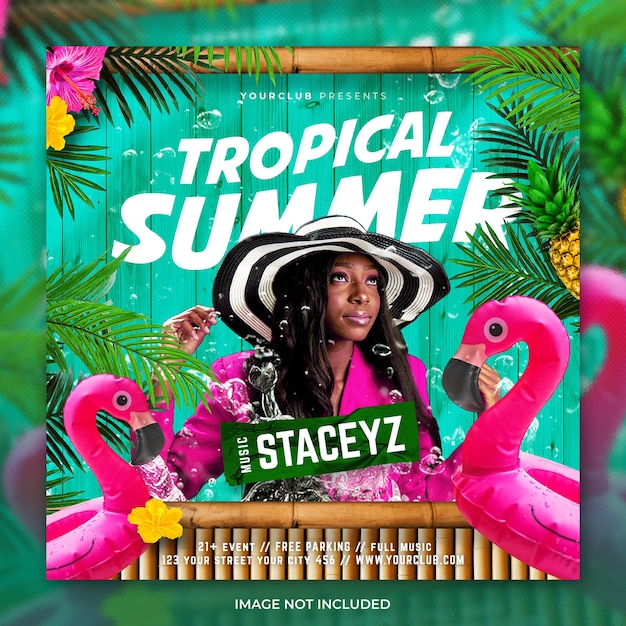 Club dj tropical summer vibes party flyer publicación en redes sociales y plantilla de banner web