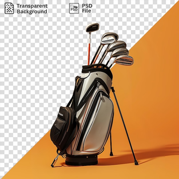 PSD club de golfeurs photographiques réalistes et sac sur un support noir avec une ombre sombre en arrière-plan