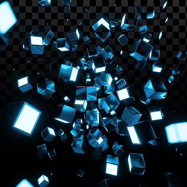 Cluster de cubes flottants lumineux rayonnant de la lumière bleue au néon sur un fond transparent