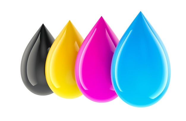 CMYK-Konzept mit farbigen Tropfen 3D-Rendering isoliert auf transparentem Hintergrund