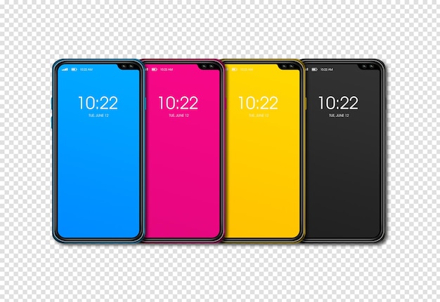 CMYK-Smartphone-Set isoliert auf transparentem Hintergrund 3D-Rendering