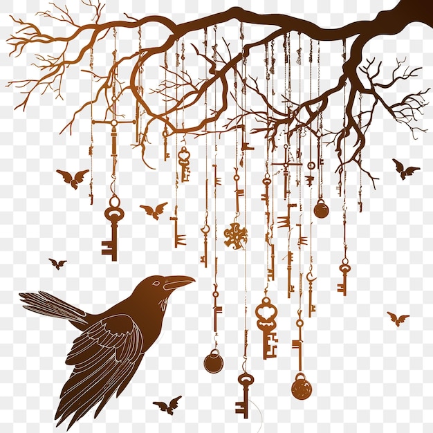 PSD cnc ink art wind chime com raven e decorações de chaves penduradas f outline die cut t-shirt arte de tatuagem